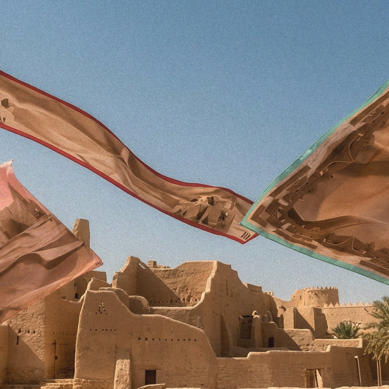 Three large rectangular fabric panels or flags with desert landscape prints are shown flying above tan mudbrick buildings and palm trees under a clear blue sky.