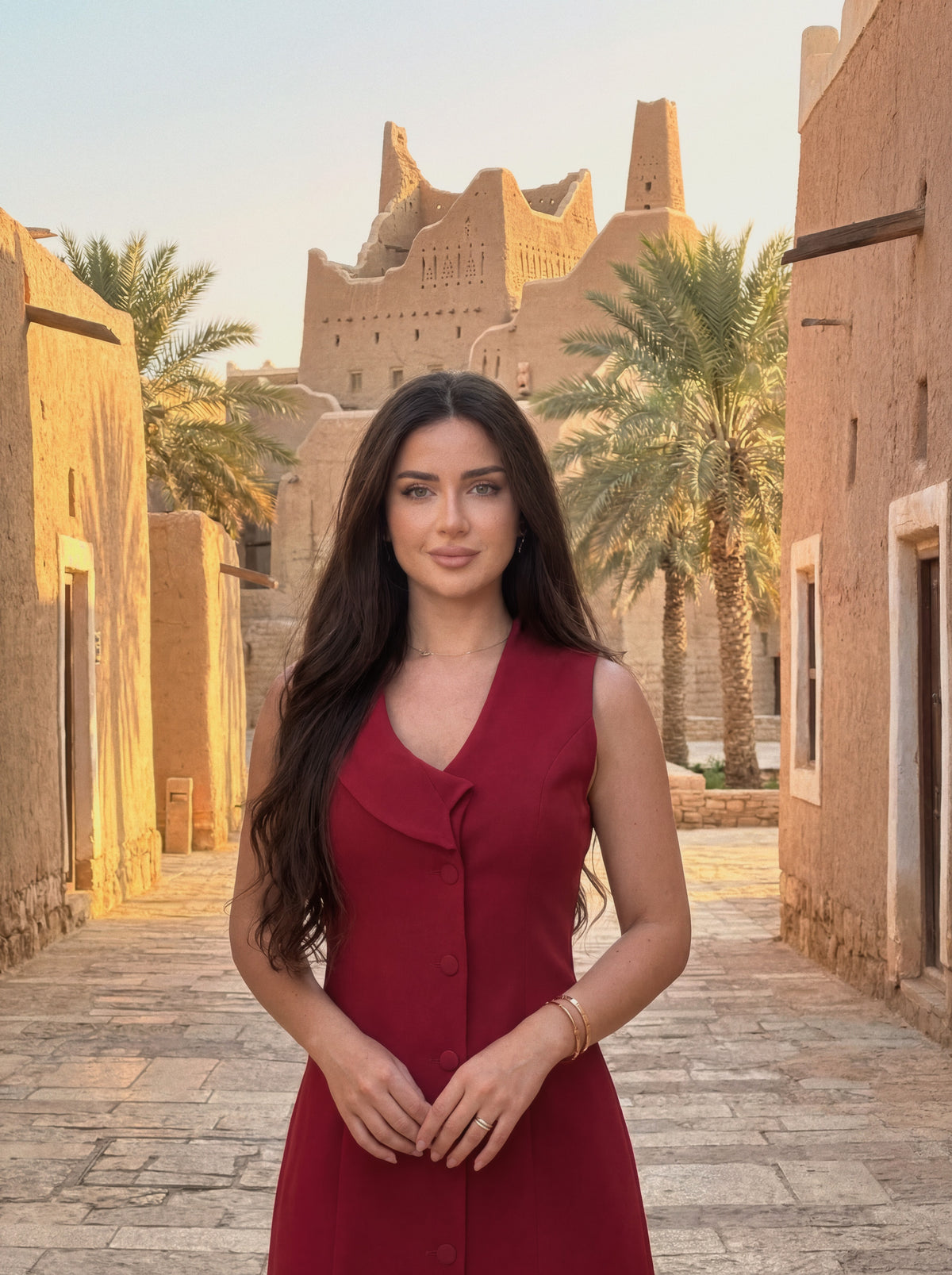 A woman with long dark hair stands in a sunlit stone alleyway wearing a sleeveless deep red dress. Historic tan buildings and palm trees are visible in the background.